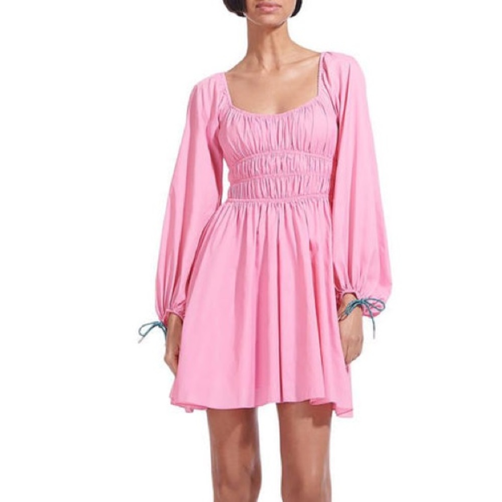 Staud Petal Pink Bow Fit and Flare Mini Dress Long Sleeve Coquette Girly Size S